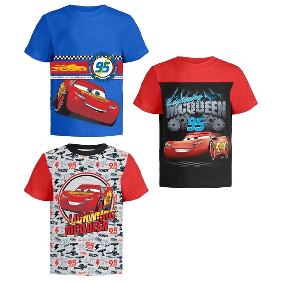 Disney Pixar Cars Lightning McQueen Graphic T-Shirts for Toddlers and Kids, Blue/Red/Gray, 3 Pack