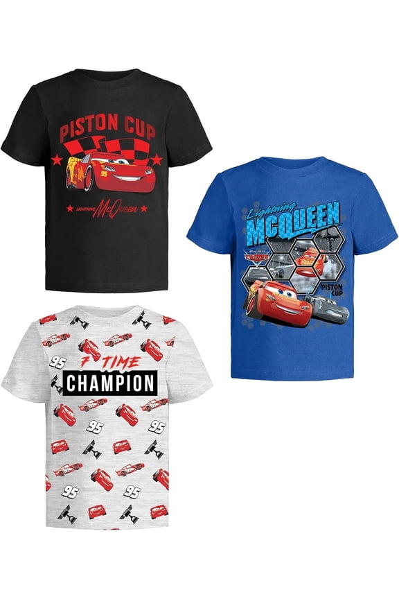 Cars Lightning McQueen Pixar Graphic T-Shirts (3 Pack) Outfits Toddlers to Kids 7 Bk/B/Gy SS
