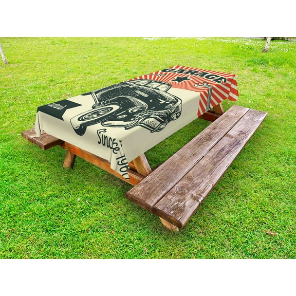 Cars Outdoor Tablecloth, Retro Car and Garage Advertising Poster Style Picture with Grunge Effects 1960s, Decorative Washable Fabric Picnic Tablecloth, 58 X 104 Inches, Emerald Orange, by Ambesonne