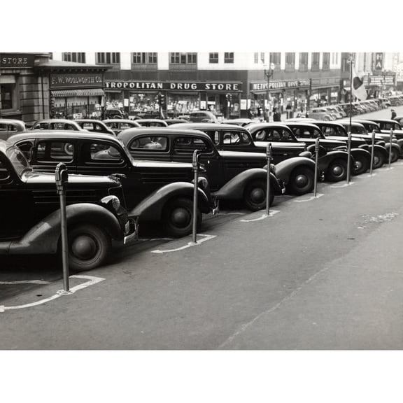 Cars Parked Diagonally Along Parking Meters History (24 x 18)