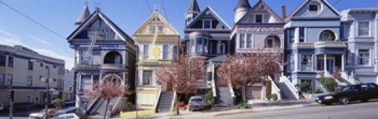 Cars Parked In Front Of Victorian Houses San Francisco California USA Canvas Art - Panoramic Images (36 x 12)