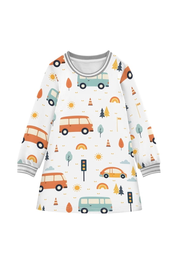 Cars Pattern Design Girls'long-sleeved dress Thickened A-dress Warm Dress Basic Shirt Party Dresses