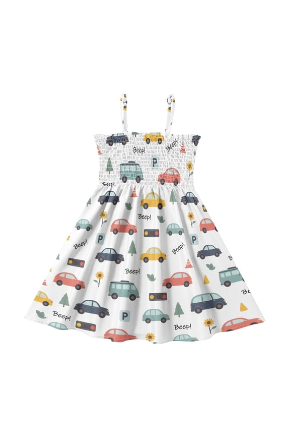 Cars Pattern Girls' Casual Dresses 2Y-8Y Sleeveless Ruffle Neck for Summer Daily Wear