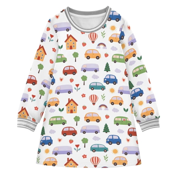 Cars Pattern Girls'long-sleeved dress Thickened A-dress Warm Dress Basic Shirt Party Dresses