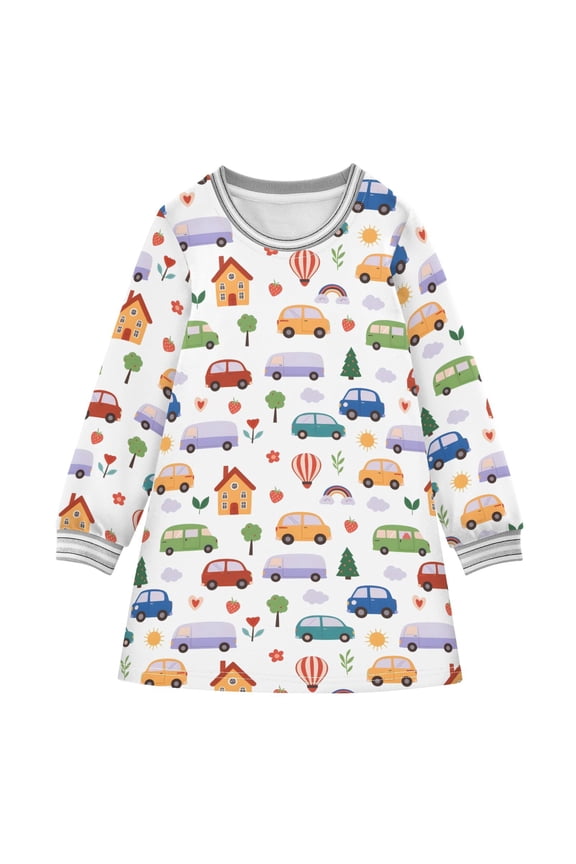 Cars Pattern Girls'long-sleeved dress Thickened A-dress Warm Dress Basic Shirt Party Dresses