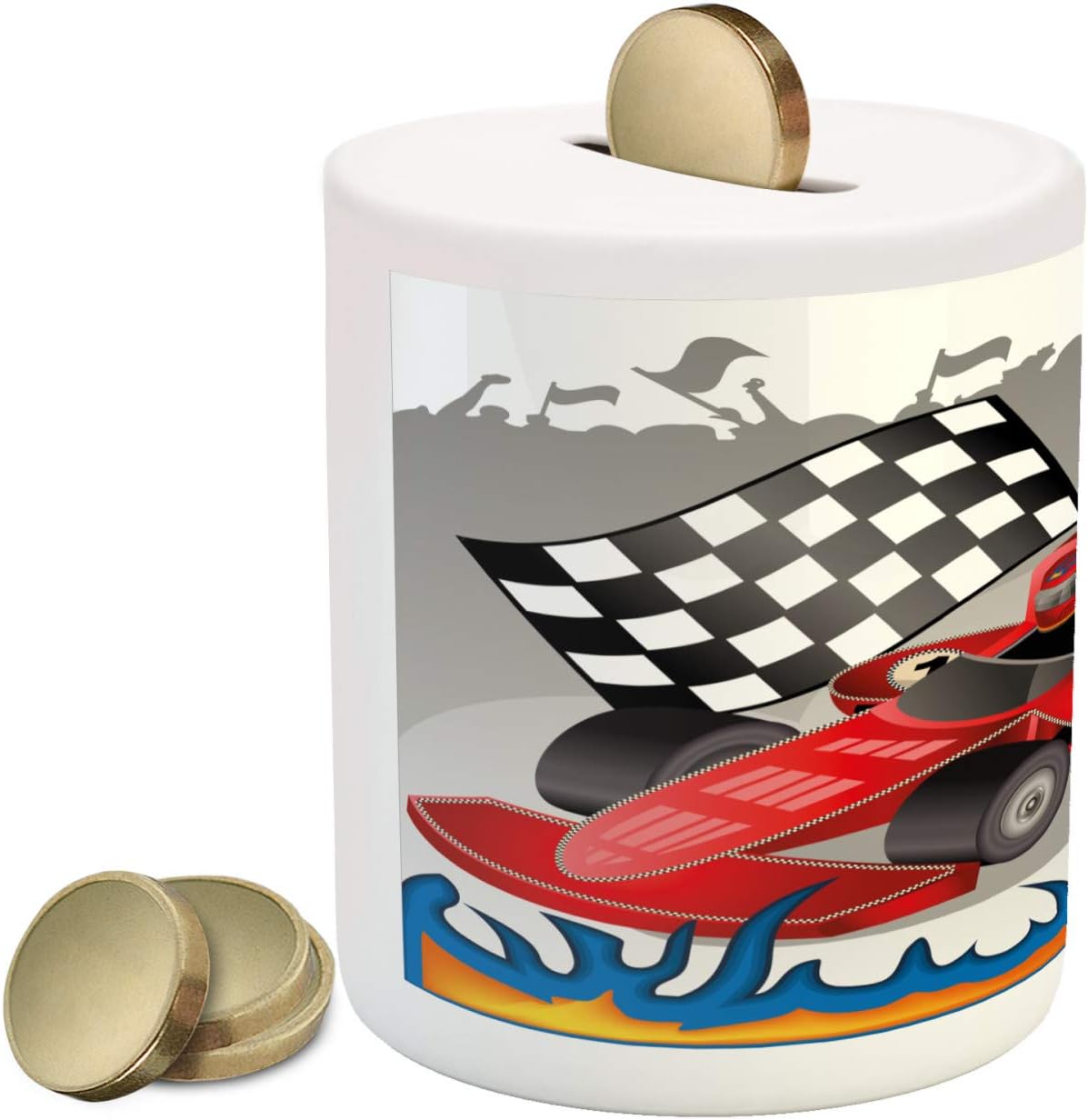 Cars Piggy Bank, Race Car Finish Line Flags Abstract Plain Background