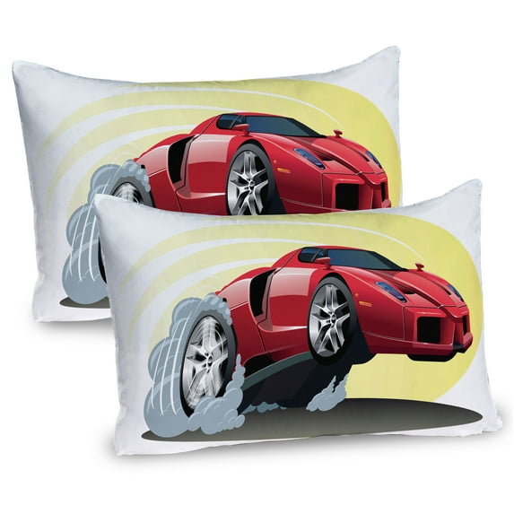 Cars Pillow Sham Set of 2, Powerful Cartoon Red Car Speeding Jumping with Smoke Coming out of Giant Tires, Quality Microfiber Bedding Item for All Seasons, 26" x 20", Red Yellow Grey, by Ambesonne