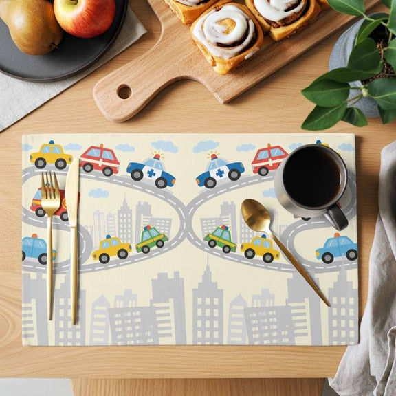 Cars Placemats Set of 1, Cartoon Cars Road City Silhouette Yellow Texture Heat Insulated Linen Place Mats, Washable Stain-Proof Table Mats for Dining Tables Holiday Decor 13x19 Inches