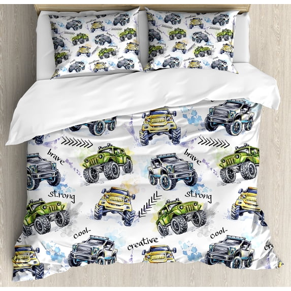 Cars Queen Size Duvet Cover Set, Hand Drawn Watercolored Monster Trucks Enormous Wheels Off Road Lifestyle, Decorative 3 Piece Bedding Set with 2 Pillow Shams, Yellow Lavander Blue, by Ambesonne