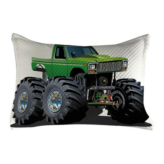 Cars Quilted Pillowcover, Giant Monster Pickup Truck Large Tires and Suspension Extreme Biggest Wheel Print, Standard King Size Accent Pillow Cover for Bedroom, 36" x 20", Green Grey, by Ambesonne