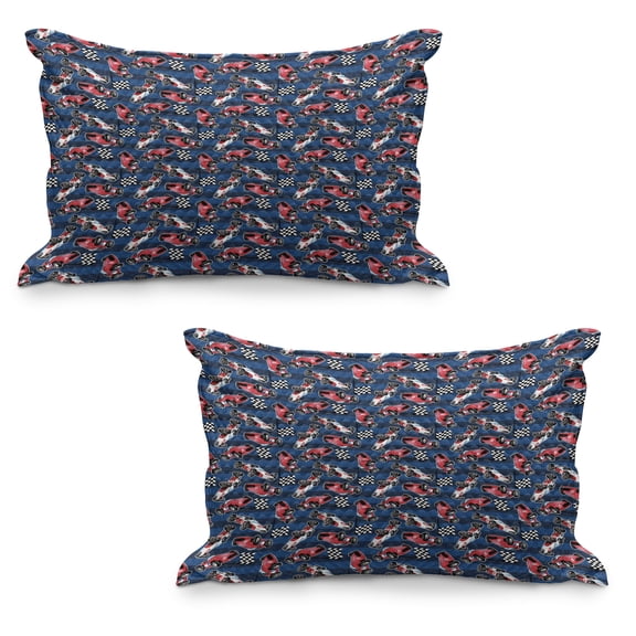 Cars Quilted Pillowcover Set of 2, Vintage Racing Cars on Blue Stripes with Checkered Flags Automobile Sports, Standard Queen Size Pillow Cover Bedroom, 36" x 20", Navy Blue Red Black, by Ambesonne