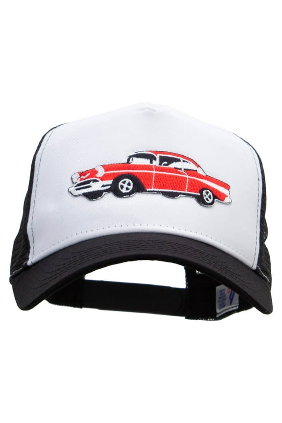 Cars-Red 57 Cherry Patched 5 Panel High Profile Poly Cotton Twill Mesh Trucker Cap - White Black OSFM