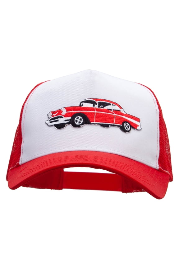 Cars-Red 57 Cherry Patched 5 Panel High Profile Poly Cotton Twill Mesh Trucker Cap - White Red OSFM
