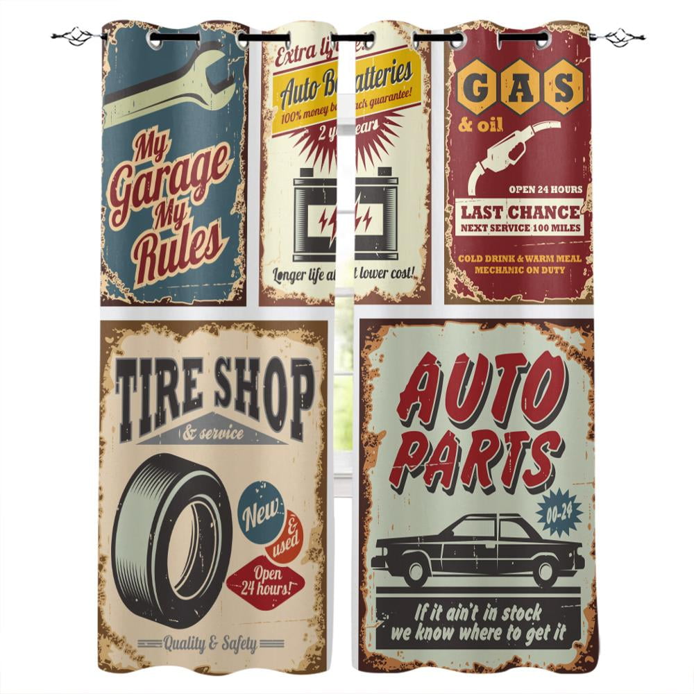Cars Retro Poster Curtains Gasoline Station Commercial Kitschy Element