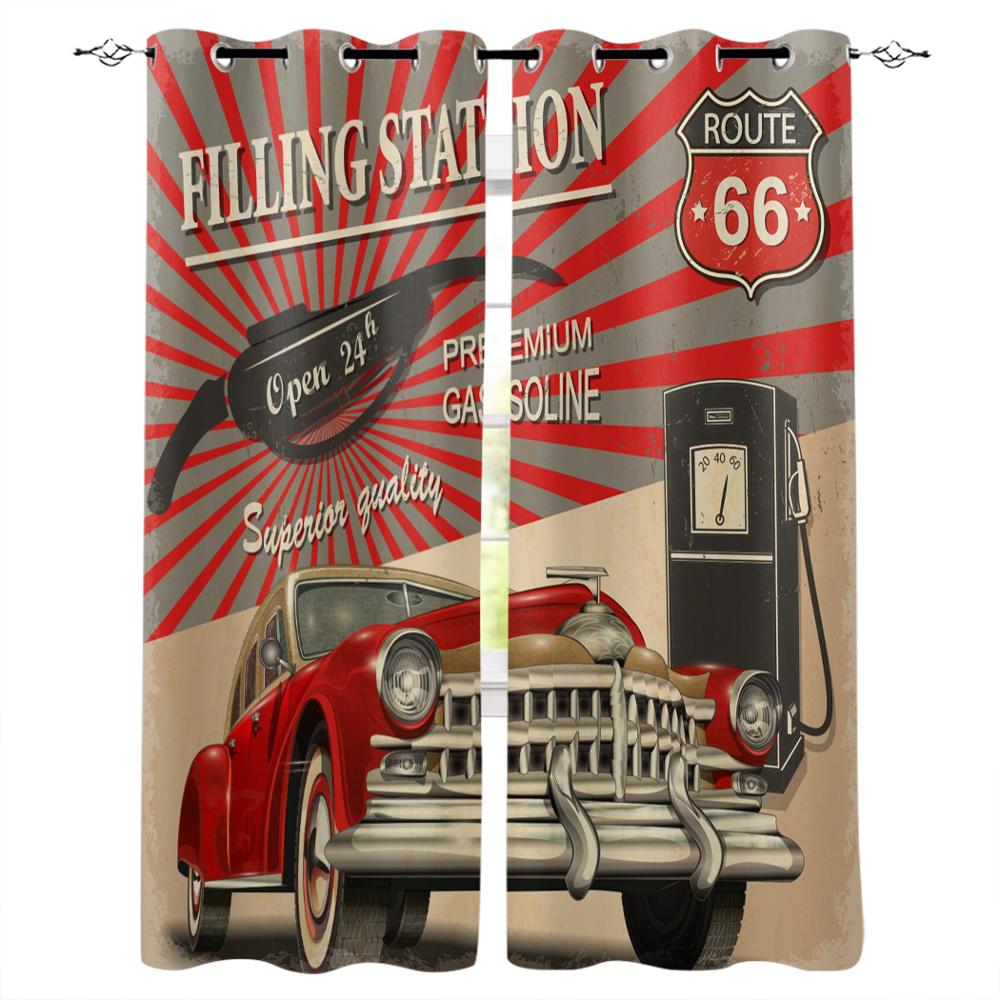 Cars Retro Poster Curtains Gasoline Station Commercial Kitschy Element