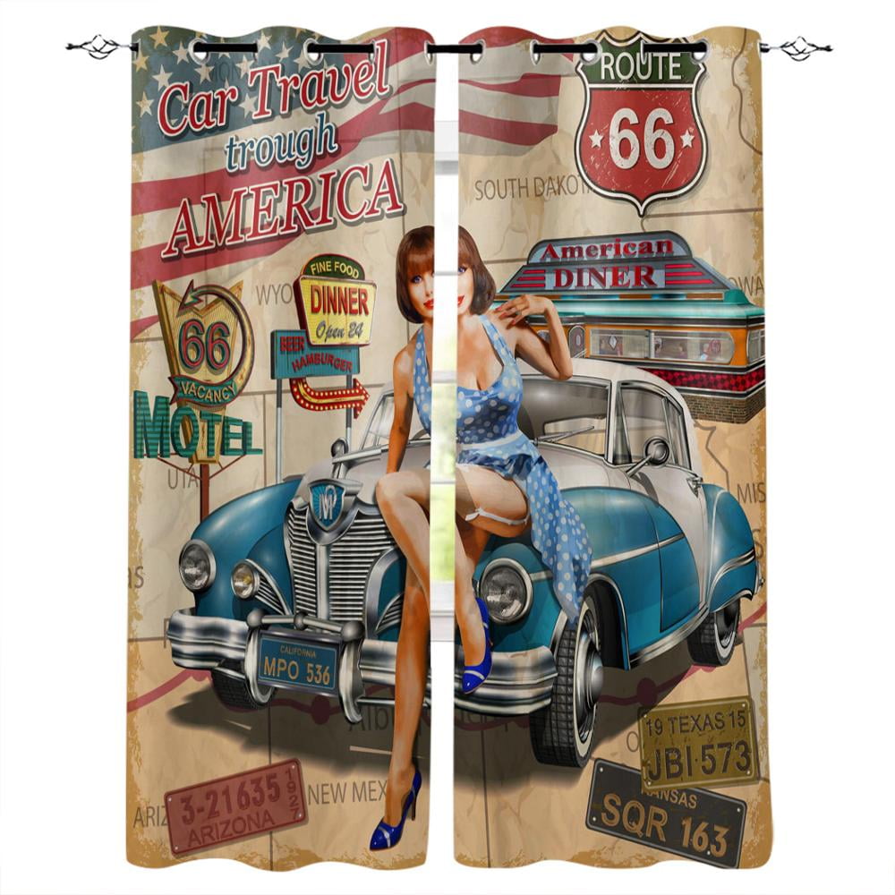 Cars Retro Poster Curtains Gasoline Station Commercial Kitschy Element