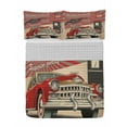 thumbnail image 1 of Cars Reversible Bedspread Set, Poster Style Image Gasoline Station Commercial Element Route 66 Illustration, Pillow Shams & Comforter Microfiber Bedding Set, 3 Sizes, Vermilion Beige, by Ambesonne, 1 of 4