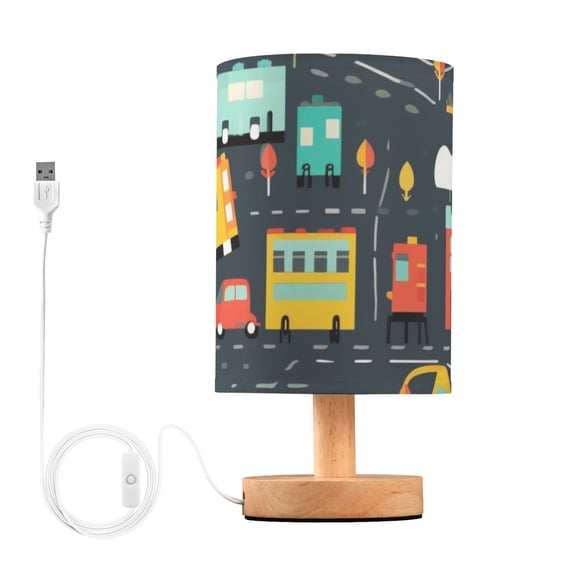 Cars Road Table Lamp USB Bedside Desk Nightstand Lamp Printed Gifts Small Lamp Wood Base for Bedroom Living Room Kids Room College Dorm
