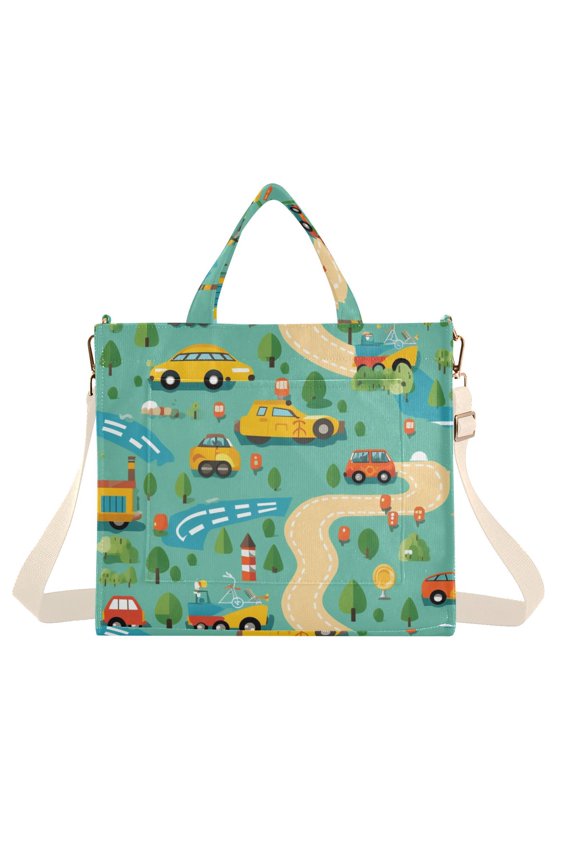 Cars Road Trees Lakes Corduroy Tote Bag Handbag Large Messenger Bag Shoulder Crossbody Zipper Bag Purse