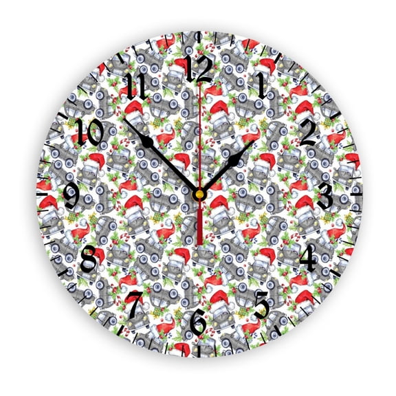Cars with Santa Hats Wall Clock, Battery Operated, PVC Round Silent Non-Ticking Clock with Clear Numbers for Living Room, Kitchen, Bedroom, Office, School Decor 10inch-25cm