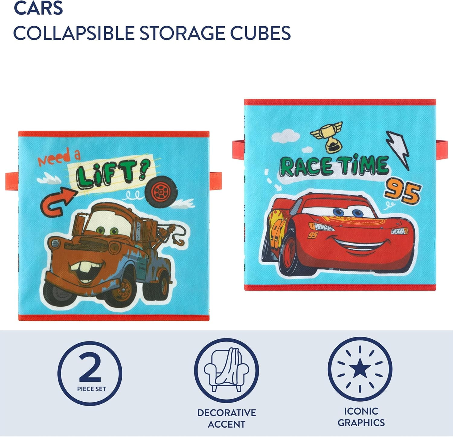 Cars Set Of 2 Durable Storage Cubes With Handles, 10"X10"X10" Cubes