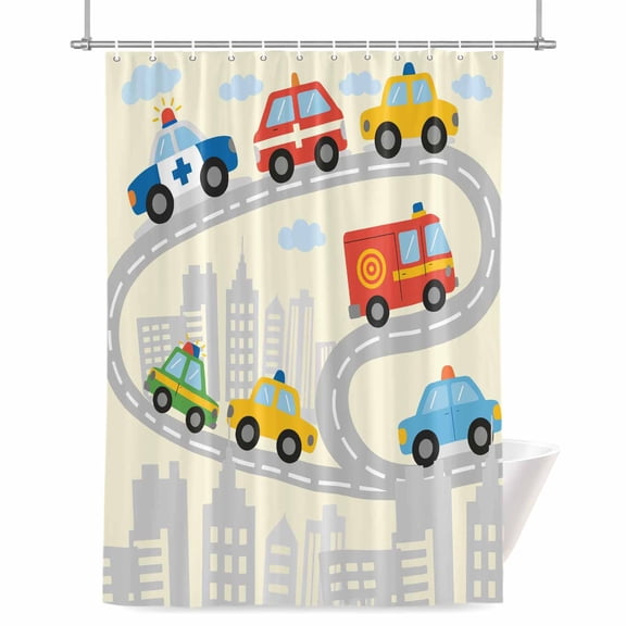 Cars Shower Curtain, 36" x 72", Cartoon Cars Road City Silhouette Yellow Texture Waterproof Bathroom Curtain Washable Shower Curtain Set with 12 Hooks