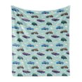thumbnail image 1 of Cars Soft Flannel Fleece Blanket, Absurd Design with Vintage Cars in the Air with Clouds Old Vehicles Pattern, Cozy Plush for Indoor and Outdoor Use, 50" x 70", Pale Blue Teal Umber, by Ambesonne, 1 of 5