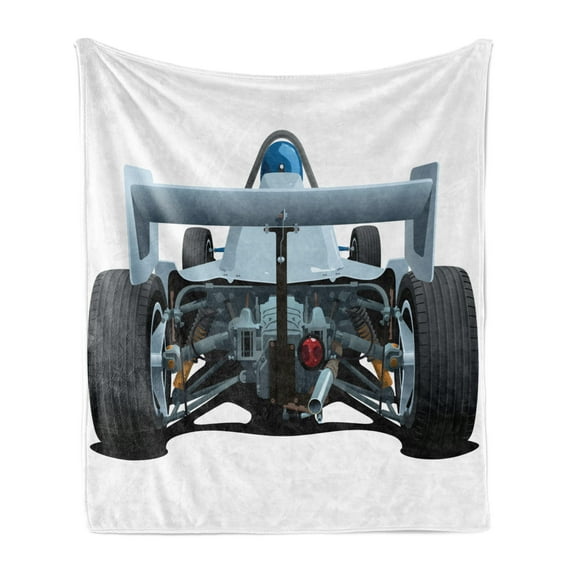 Cars Soft Flannel Fleece Blanket, Back View of a Formula Race Car Rally Competition Sports Cartoon Style, Cozy Plush for Indoor and Outdoor Use, 70" x 90", Bluegrey White and Black, by Ambesonne