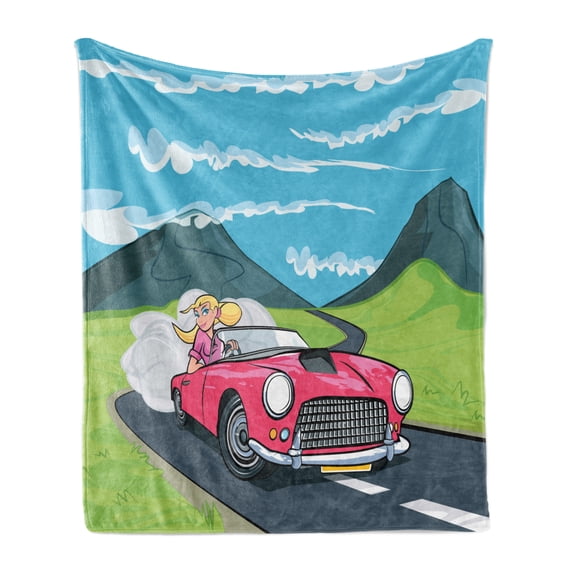 Cars Soft Flannel Fleece Blanket, Blonde Girl Driving a Sports Car Through the Country in Cartoon Style Travel Road Trip, Cozy Plush for Indoor and Outdoor Use, 70" x 90", Multicolor, by Ambesonne