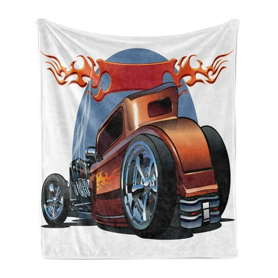 Cars Soft Flannel Fleece Blanket, Cartoon Hot Rod Antique Customized Classical American Engine Nostalgia Revival, Cozy Plush for Indoor and Outdoor Use, 50" x 70", Orange Blue Black, by Ambesonne