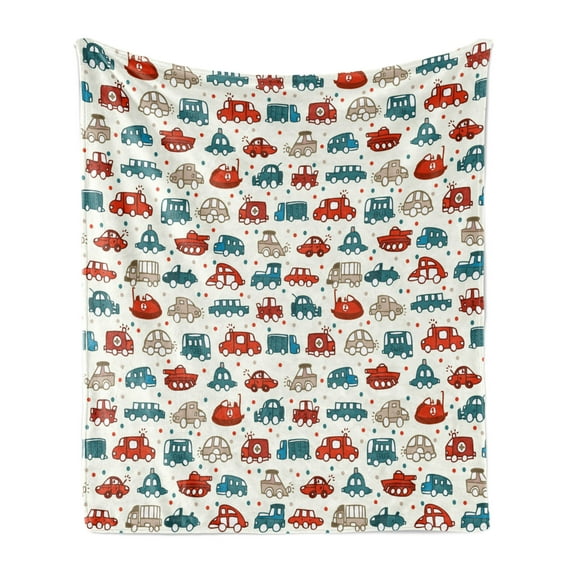 Cars Soft Flannel Fleece Blanket, Cheerful Baby Boy Play Things in Kids Doodle Style with Many Different Vehicles, Cozy Plush for Indoor and Outdoor Use, 50" x 70", Teal Scarlet Tan, by Ambesonne