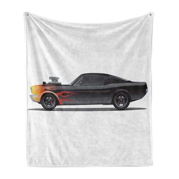 Cars Soft Flannel Fleece Blanket, Custom Design Muscle Car with Supercharger and Flames Roadster Retro Styled, Cozy Plush for Indoor and Outdoor Use, 70" x 90", Charcoal Grey Orange, by Ambesonne