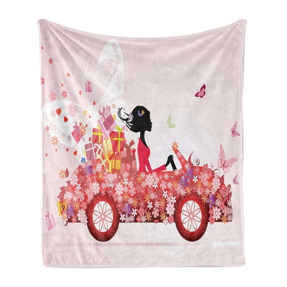 Cars Soft Flannel Fleece Blanket, Girl on a Car with Floral Present Boxes Butterflies Daisies Little Hearts, Cozy Plush for Indoor and Outdoor Use, 50" x 60", Pink Dark Coral Black, by Ambesonne