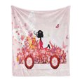 thumbnail image 1 of Cars Soft Flannel Fleece Blanket, Girl on a Car with Floral Present Boxes Butterflies Daisies Little Hearts, Cozy Plush for Indoor and Outdoor Use, 50" x 70", Pink Dark Coral Black, by Ambesonne, 1 of 6