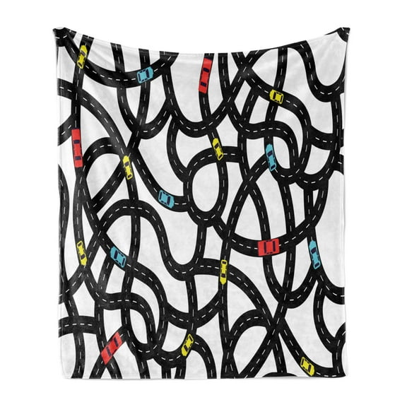 Cars Soft Flannel Fleece Blanket, Intertwining Roads with Cars on Them Complicated Design with Urban Life Theme, Cozy Plush for Indoor and Outdoor Use, 60" x 80", Black Yellow Blue, by Ambesonne