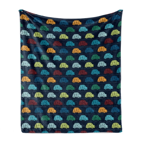 Cars Soft Flannel Fleece Blanket, Mini Vintage Vehicles on the Road Driving Cars with Various Vibrant Colors, Cozy Plush for Indoor and Outdoor Use, 70" x 90", Dark Blue Aqua Mustard, by Ambesonne