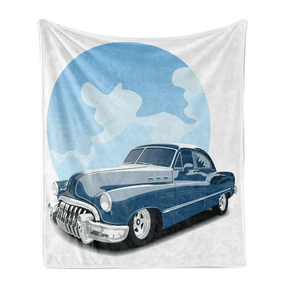 Cars Soft Flannel Fleece Blanket, Old Timer Vintage Automobile Collector's Revival Nostalgia American Culture, Cozy Plush for Indoor and Outdoor Use, 70" x 90", Blue Pale Blue Black, by Ambesonne