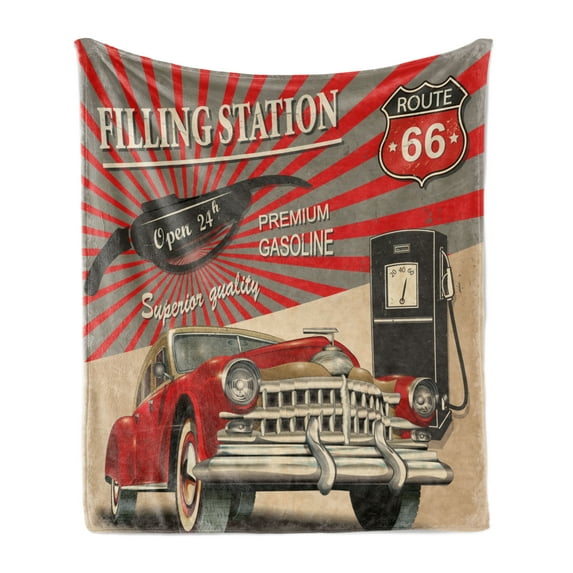 Cars Soft Flannel Fleece Blanket, Poster Style Image Gasoline Station Commercial Element Route 66 IllustrationPrint, Cozy Plush for Indoor and Outdoor Use, 50" x 60", Vermilion Beige, by Ambesonne