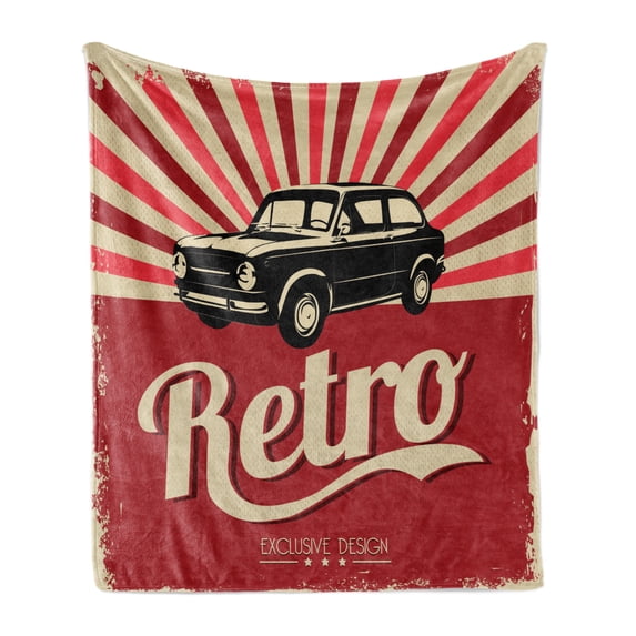 Cars Soft Flannel Fleece Blanket, Retro Poster Design Nostalgic Black Car Automotive Industry Old Fashioned Grunge, Cozy Plush for Indoor and Outdoor Use, 50" x 60", Beige Ruby Black, by Ambesonne