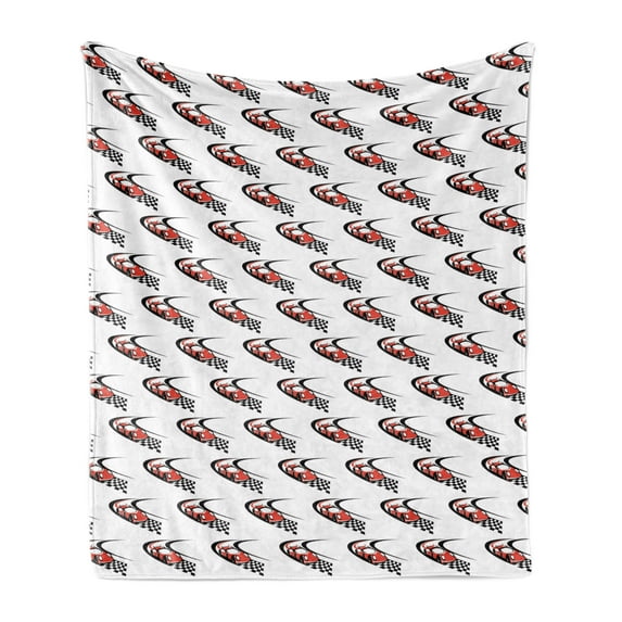 Cars Soft Flannel Fleece Blanket, Speeding Fast Red Race Car on a Formula Rally near the Finishing Line Wining, Cozy Plush for Indoor and Outdoor Use, 50" x 70", Scarlet Black White, by Ambesonne