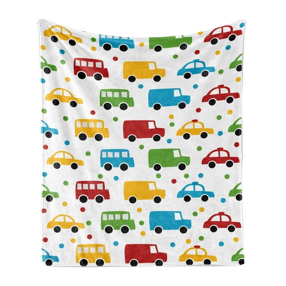 Cars Soft Flannel Fleece Blanket, Vivid Colored Silhouettes of Transportation Vehicles Bus Taxi Automobile Kids Pattern, Cozy Plush for Indoor and Outdoor Use, 50" x 70", Multicolor, by Ambesonne