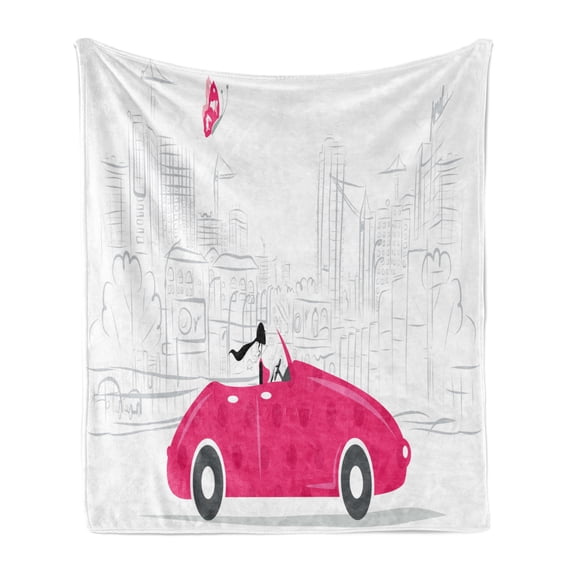 Cars Soft Flannel Fleece Blanket, Woman Driving Pink Vintage Car Sketchy Cityscape and Butterfly Girls Cartoon, Cozy Plush for Indoor and Outdoor Use, 50" x 60", Hot Pink Grey Black, by Ambesonne