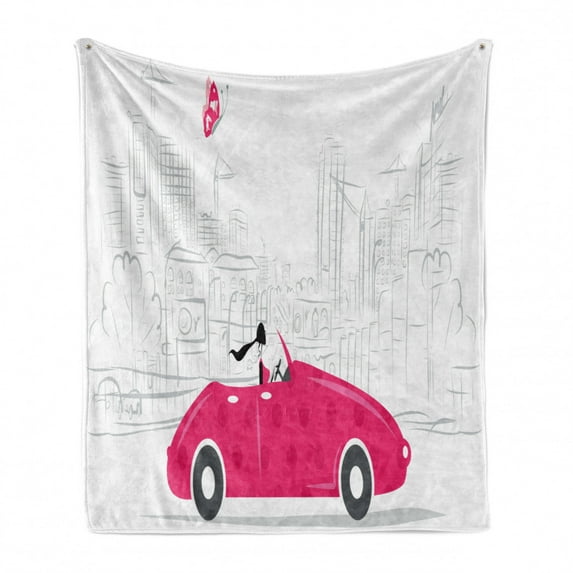 Cars Soft Flannel Fleece Blanket, Woman Driving Pink Vintage Car Sketchy Cityscape and Butterfly Girls Cartoon, Cozy Plush for Indoor and Outdoor Use, 50" x 70", Hot Pink Grey Black, by Ambesonne