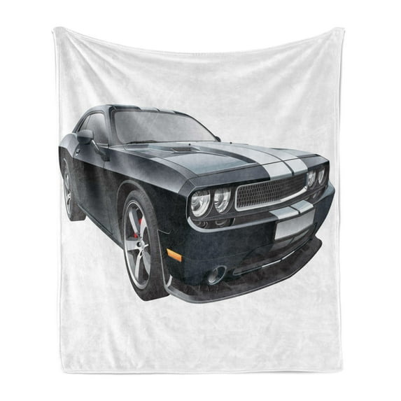 Cars Soft Flannel Fleece Throw Blanket, Black Modern Pony Car with White Racing Stripes Coupe Sports Dragster Print, Cozy Plush for Indoor and Outdoor Use, 50" x 70", Black Grey White, by Ambesonne
