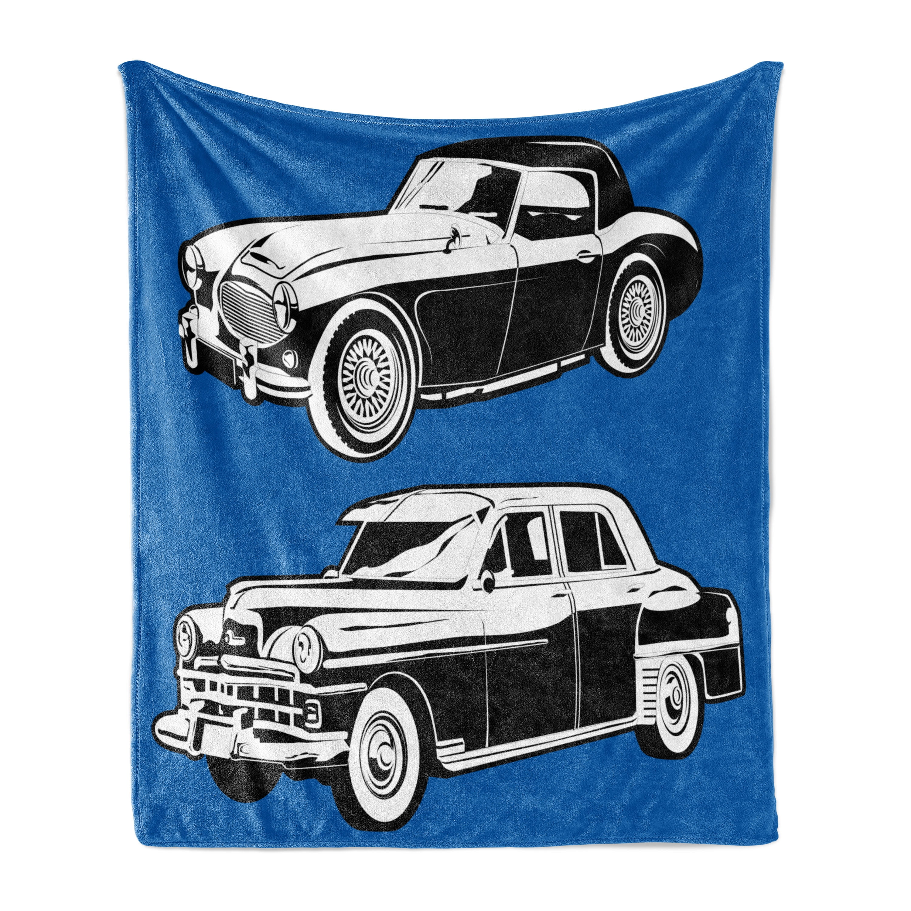 Cars Soft Flannel Fleece Throw Blanket Black and White Vintage Cars on Navy Blue Backdrop Classic Old Vehicles Cozy Plush for Indoor and Outdoor