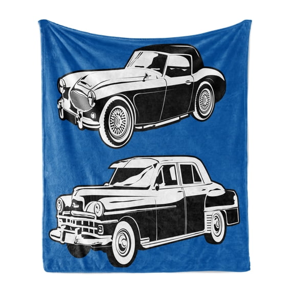 Cars Soft Flannel Fleece Throw Blanket, Black and White Vintage Cars on Navy Blue Backdrop Classic Old Vehicles, Cozy Plush for Indoor and Outdoor Use, 70" x 90", Navy Blue Black White, by Ambesonne
