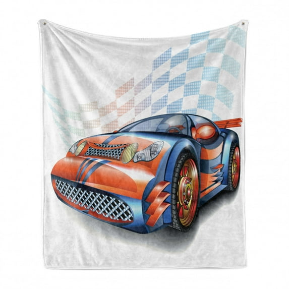 Cars Soft Flannel Fleece Throw Blanket, Cartoon Style Speeding Racing Car Event Championship Racetrack Victory Drive, Cozy Plush for Indoor and Outdoor Use, 70" x 90", Orange Blue Black, by Ambesonne