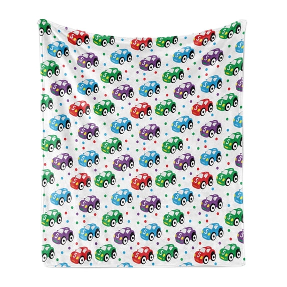 Cars Soft Flannel Fleece Throw Blanket, Children Baby Boy Toy Pattern with Dots Number 5 Cars for Joyous Play Time, Cozy Plush for Indoor and Outdoor Use, 60" x 80", Multicolor, by Ambesonne