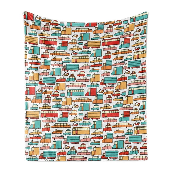 Cars Soft Flannel Fleece Throw Blanket, Children Drawing of Many Vehicles Motorbikes Caravans Trucks Taxis Buses Print, Cozy Plush for Indoor and Outdoor Use, 50" x 70", Aqua Red Orange, by Ambesonne
