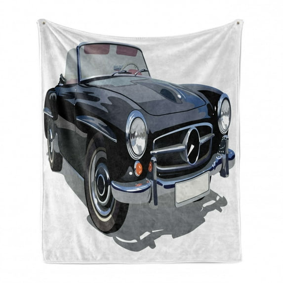 Cars Soft Flannel Fleece Throw Blanket, Classical Retro Vehicle Antique Convertible Prestige Old Fashion Revival, Cozy Plush for Indoor and Outdoor Use, 70" x 90", Black Pale Grey White, by Ambesonne